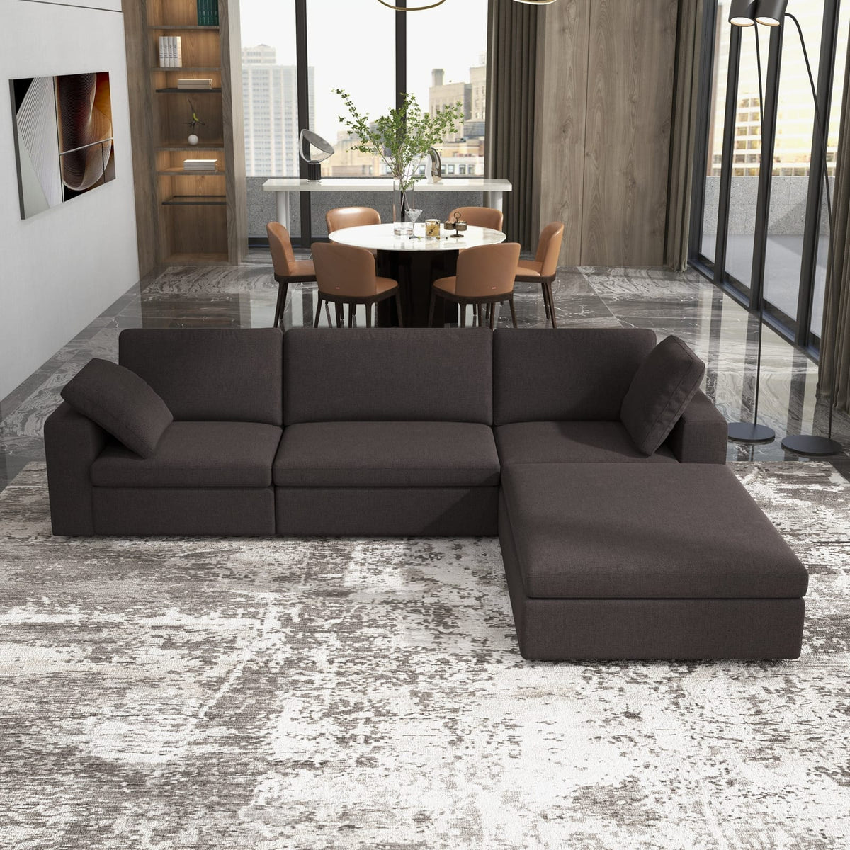 Grey Fabric 4 Seat Corner Sectional Sofa for Living Room
