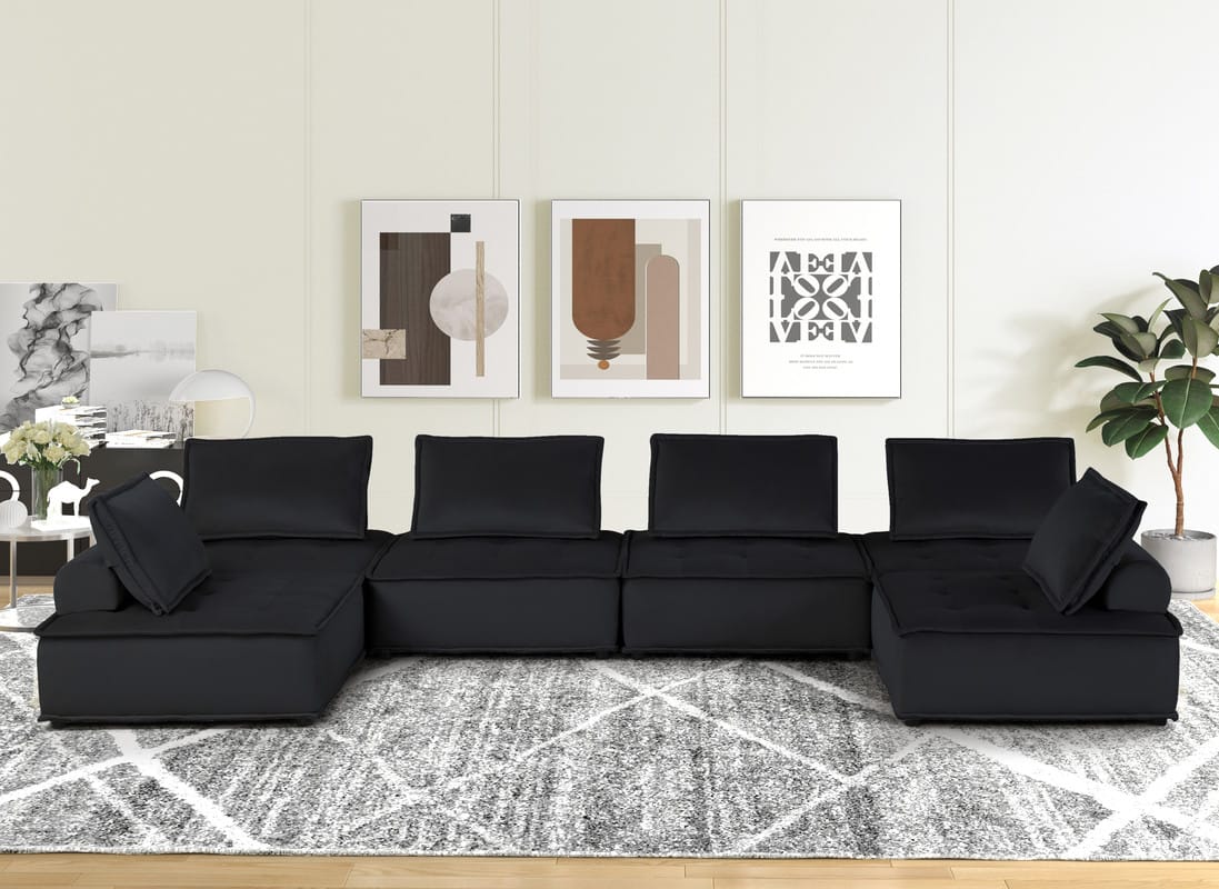 Black Velvet 6-Seat Sectional Sofa - 160" Wide
