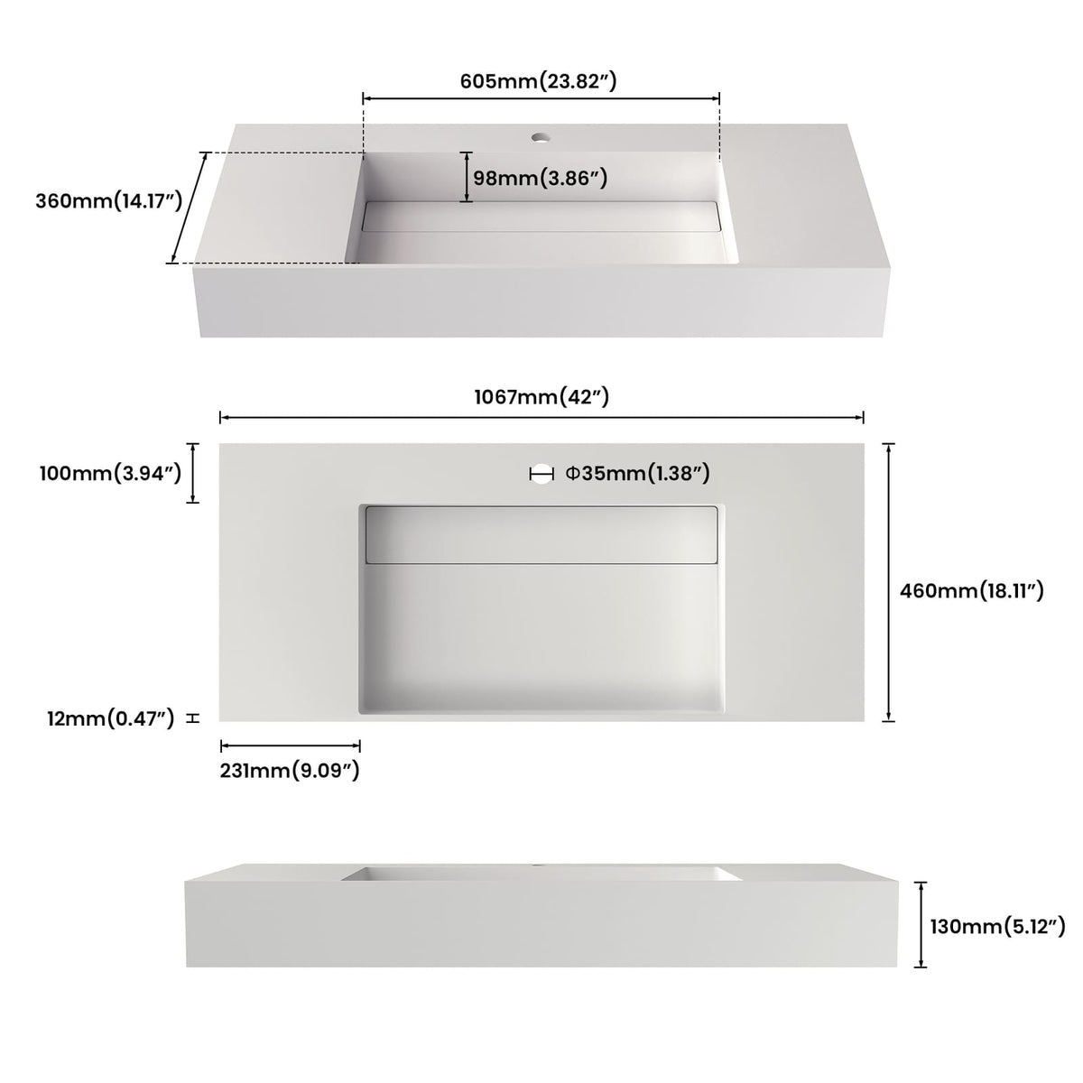 42 Inch Solid Surface Bathroom Vanity - White