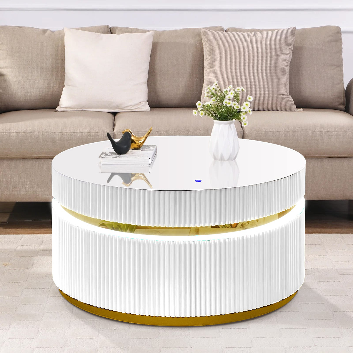 White Round Glass Coffee Table with LED Light