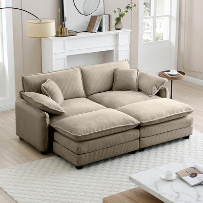 Tan Corduroy Two-Seater Sofa with Footrest for Living Room