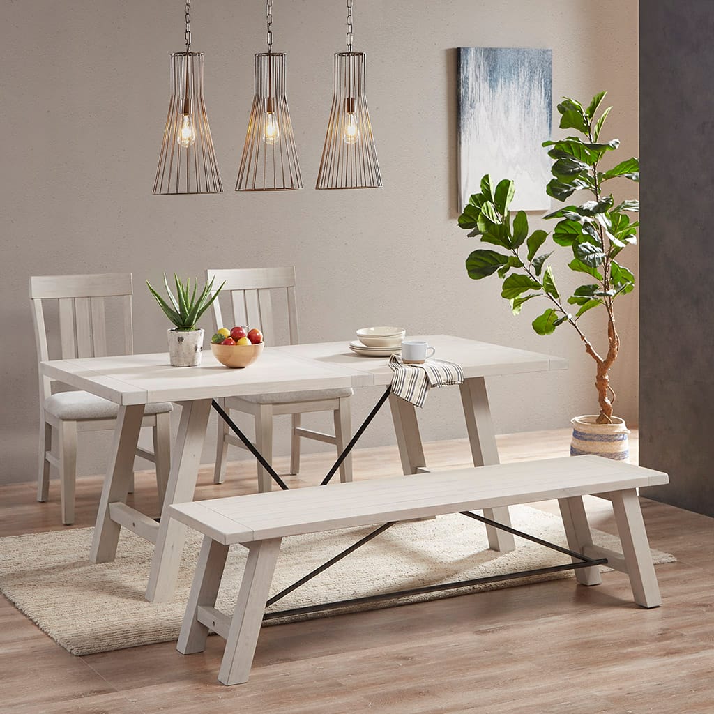 Reclaimed White Wood Dining Bench with Metal Stretchers for Kitchen