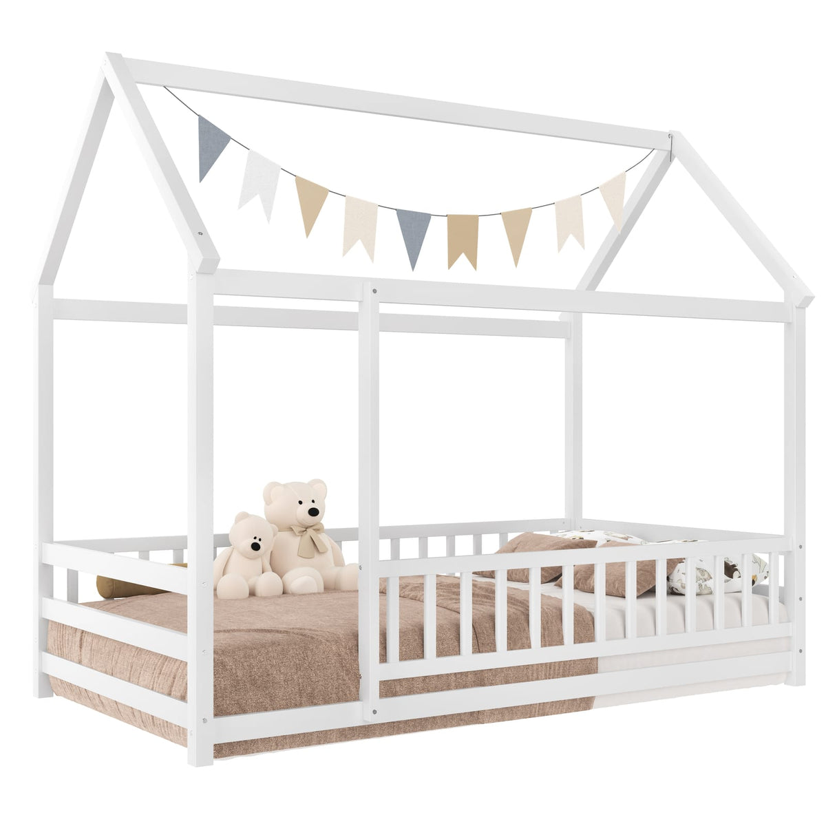 Twin Size Wooden Bed with House Roof Frame, White for Bedroom