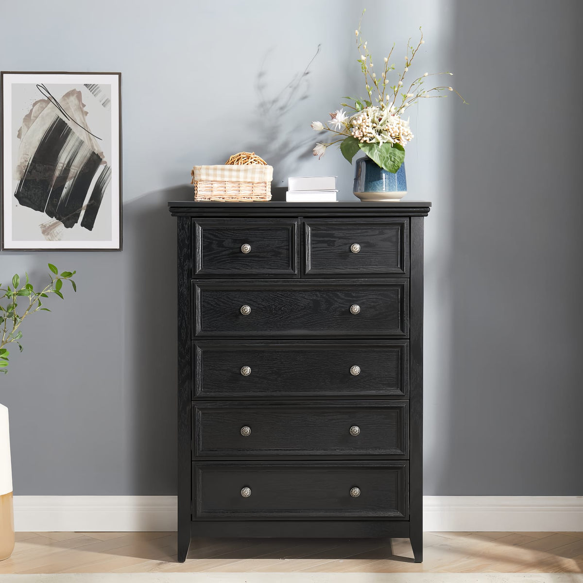 Black MDF 6 Drawer Dresser for Bedroom Storage and Organization for Living Room