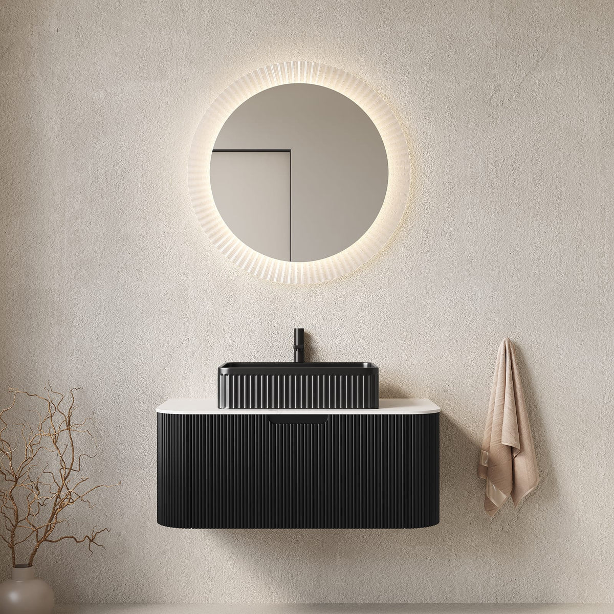 Black Bathroom Vanity with Sink - Wall Mounted Storage