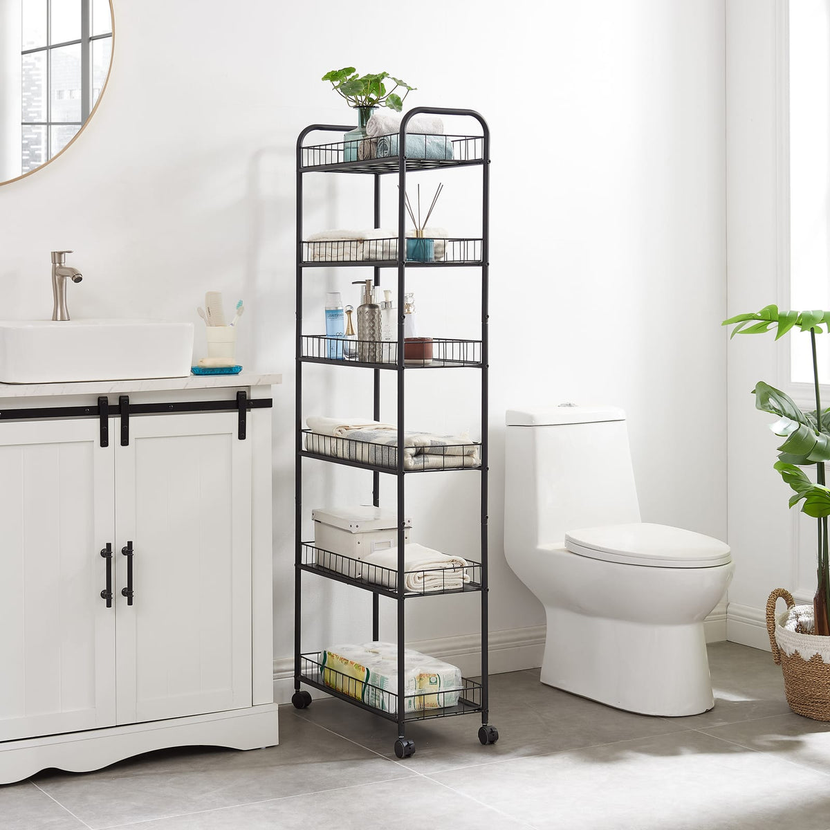 6 Tier Slim Rolling Storage Cart - Black Metal for Living Room