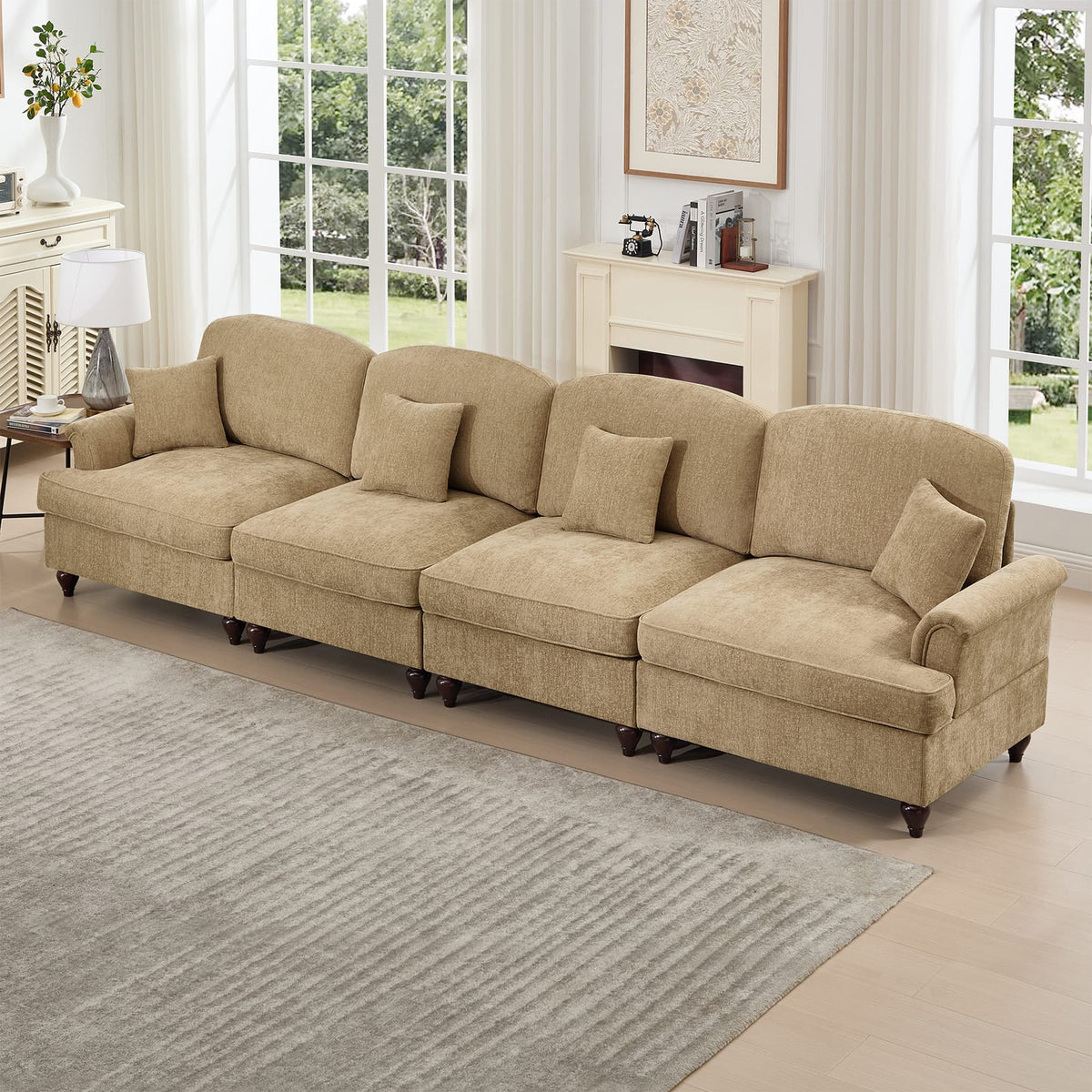 Light Coffee Chenille 4 Seat Sofa - Removable Ruffles for Living Room
