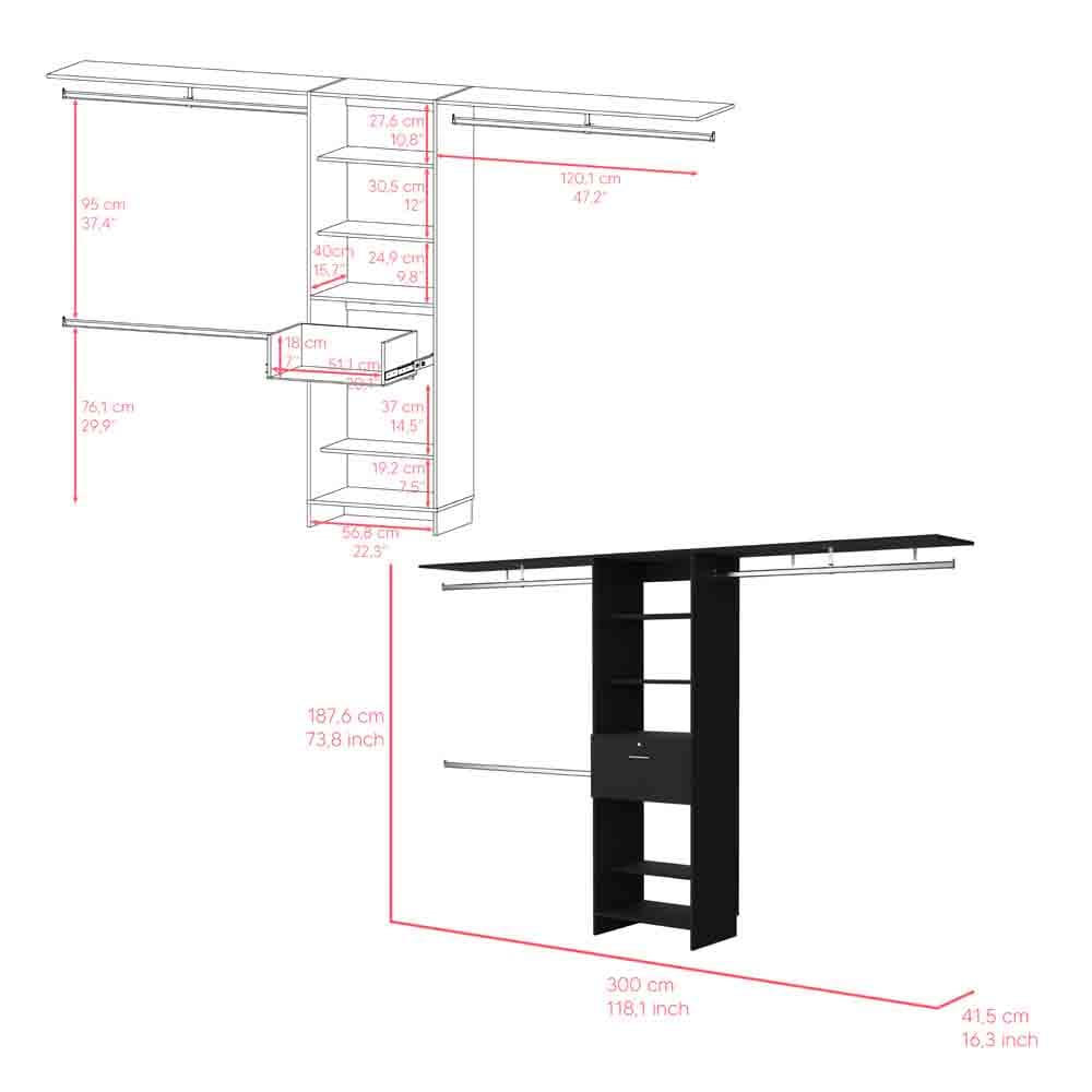 118" Black Bedroom Dresser with Three Shelves & Drawer