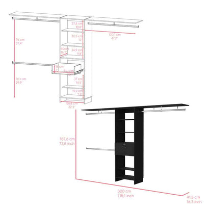 118" Black Bedroom Dresser with Three Shelves & Drawer
