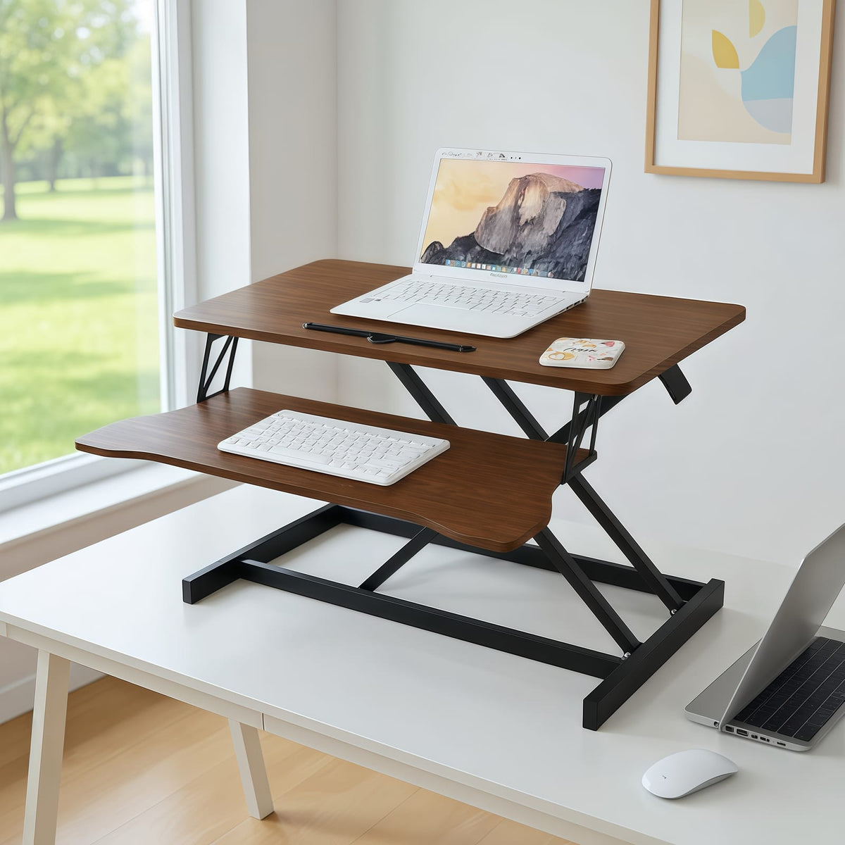 32 Inch Adjustable Desk Converter - Walnut Color for Home Office