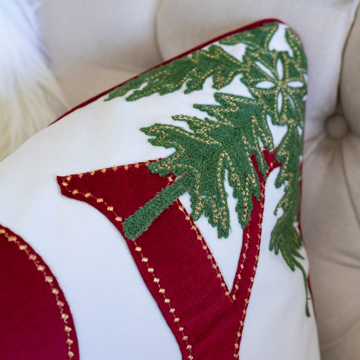 JOY Embroidered Christmas Throw Pillow 14x20" Velvet Lumbar Cushion in Red and