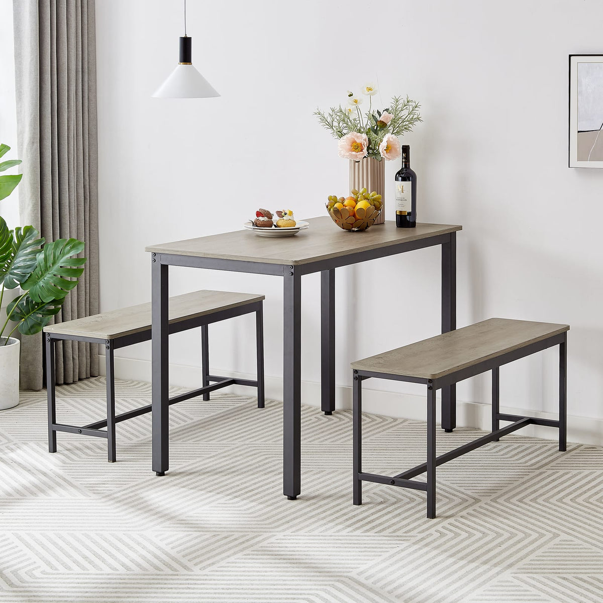 Grey Dining Table Set with 2 Benches - Kitchen Table
