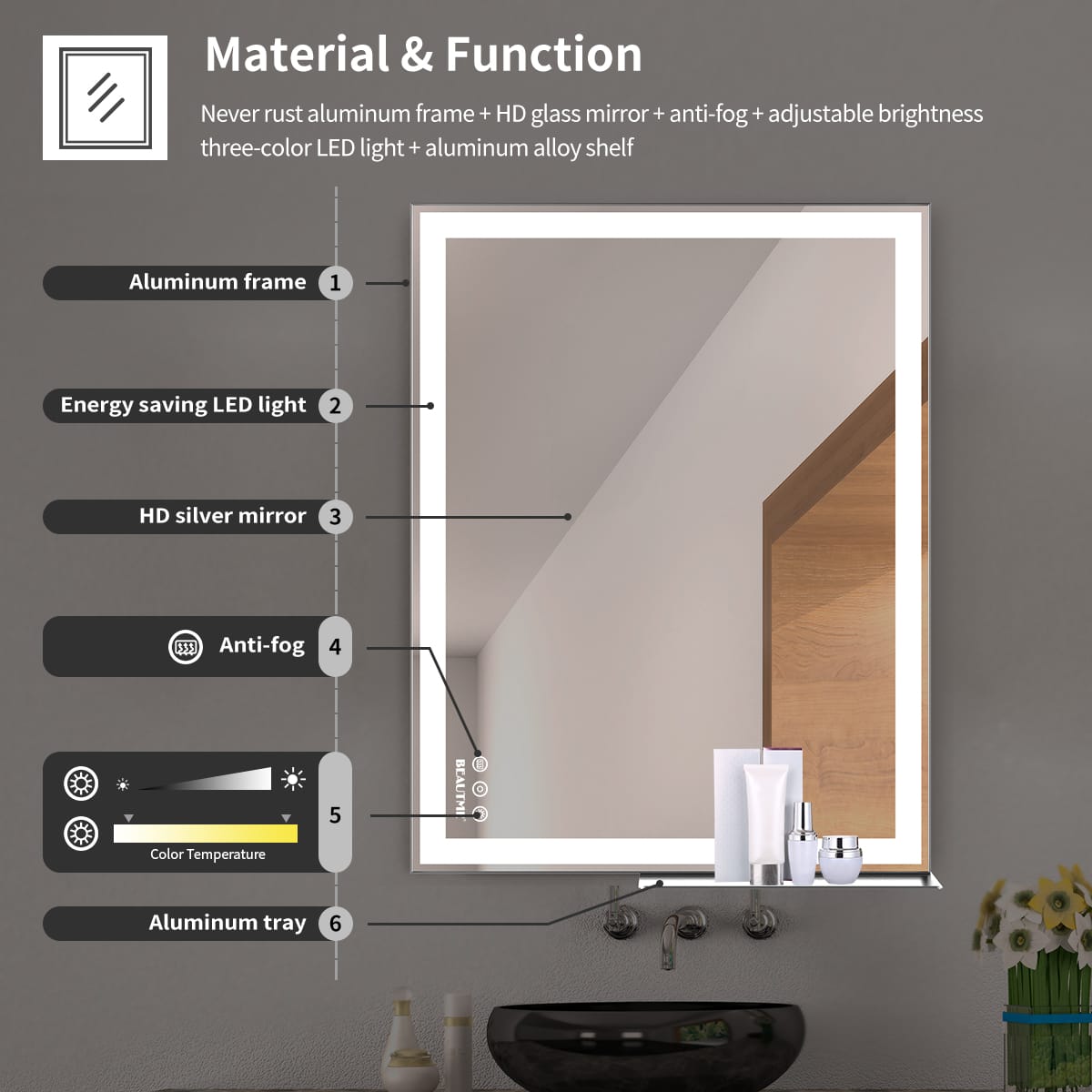 48 x 24 Inch LED Bathroom Mirror with Anti-Fog & Touch Lights