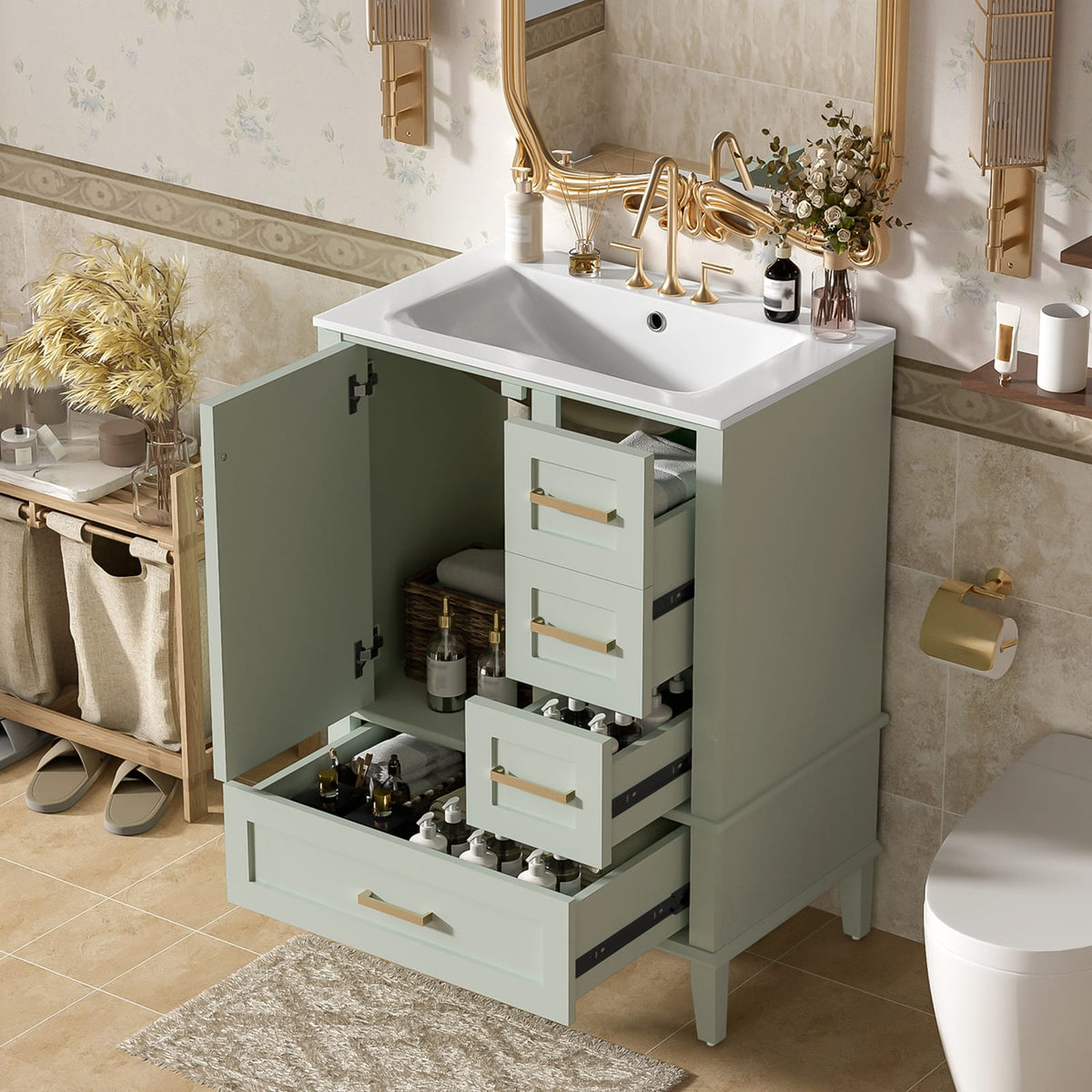 Green Bathroom Vanity with Sink - 24.8" Storage Cabinet