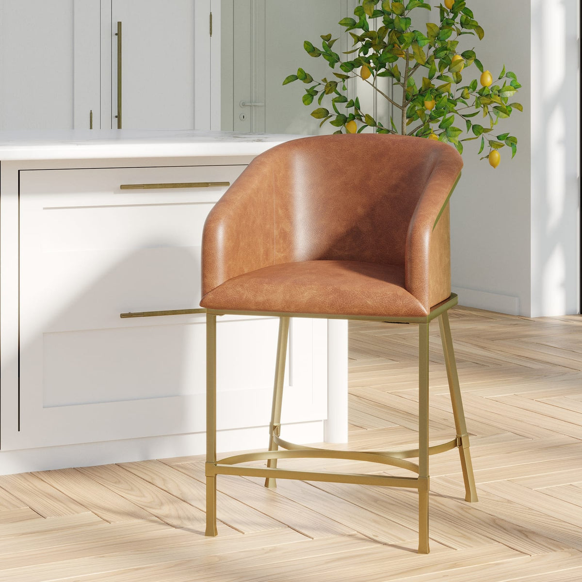 26 Inch Brown PU Counter Stool - Gold Steel Frame