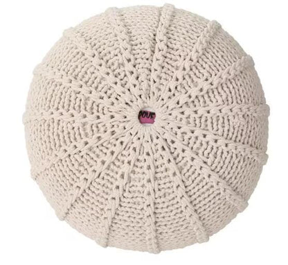 Beige Cotton Knitted Pouf - Relaxing Footrest for Living Room