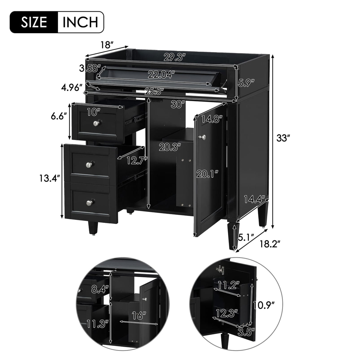 Black Bathroom Vanity with Storage - 2 Drawers, MDF
