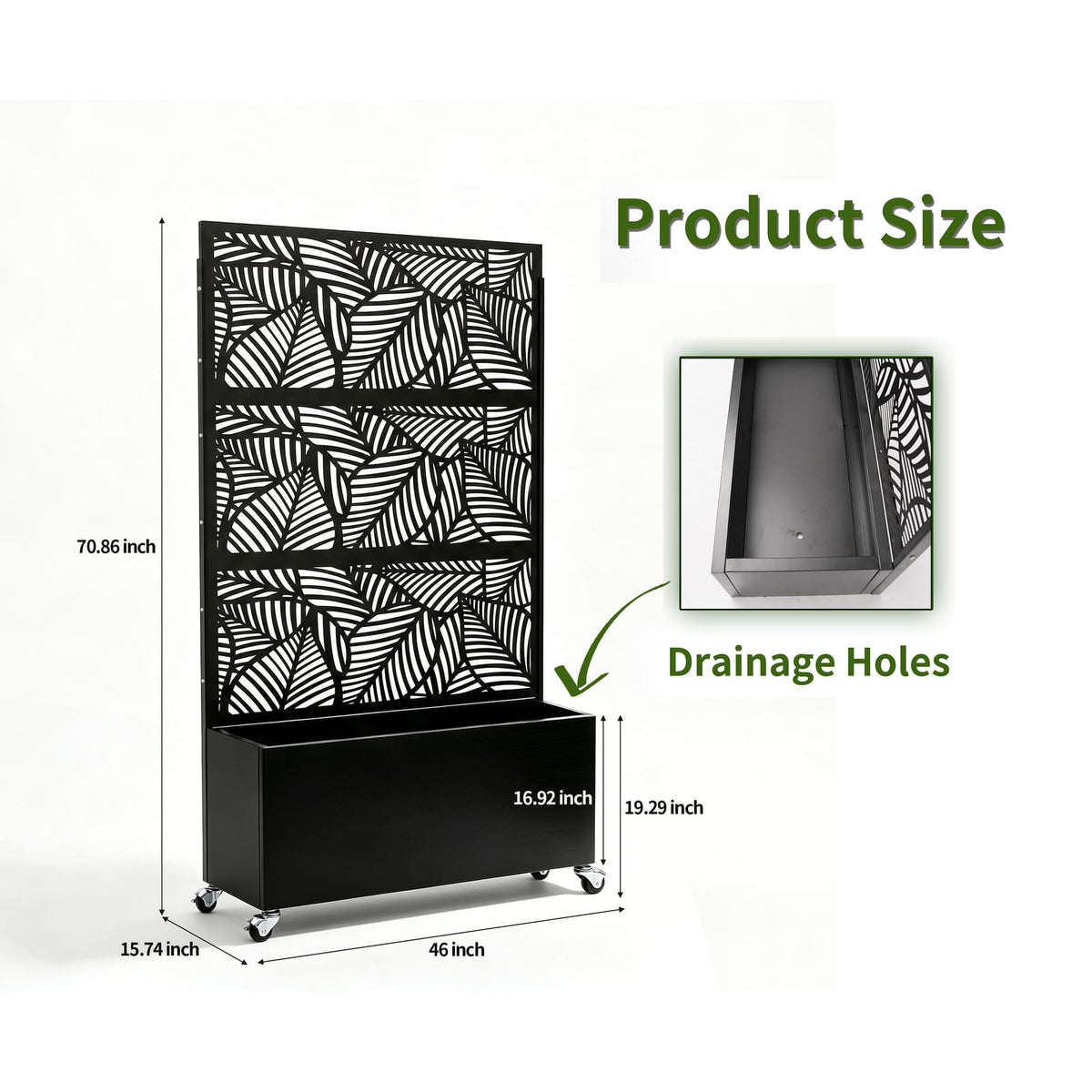 70.87" H Leaf Pattern Privacy Screen with Planter Box - Black Iron