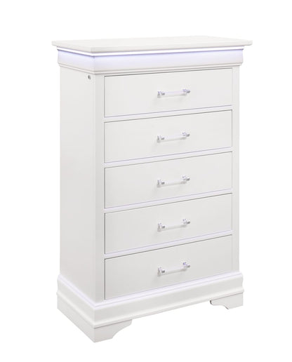 CHARLSTON White Chest with LED Lighting - 5 Drawers for Bedroom