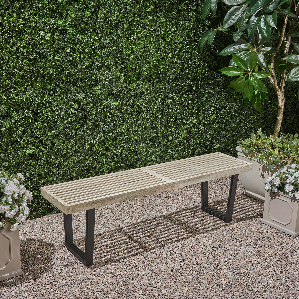 Metal/Solid Wood Outdoor Bench - Acacia Wood, Black & Gray