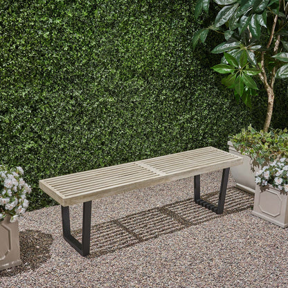 Metal/Solid Wood Outdoor Bench - Acacia Wood, Black & Gray