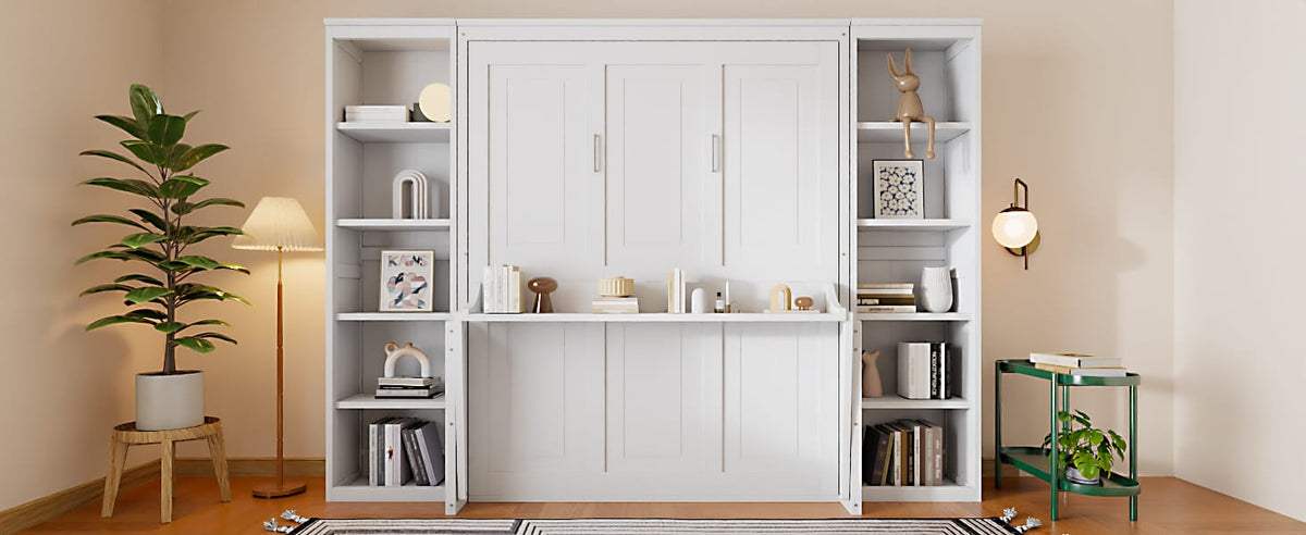 Queen Size Murphy Bed with Desk & Bookshelf - White for Bedroom