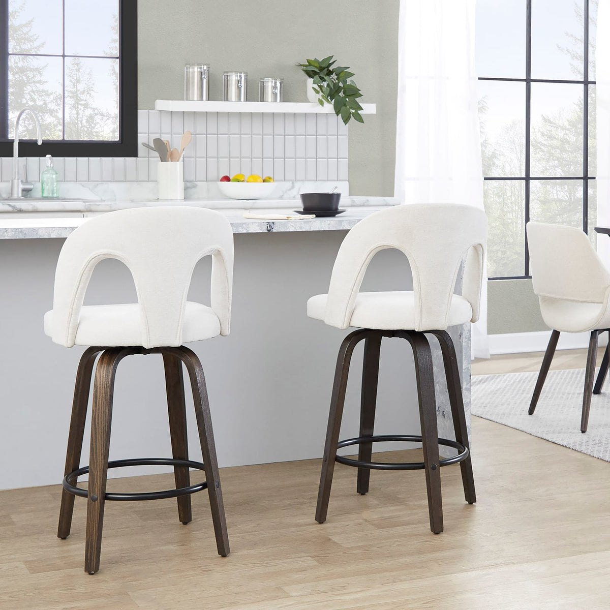 White Fabric Counter Stools Set of 2 - Swivel Stools