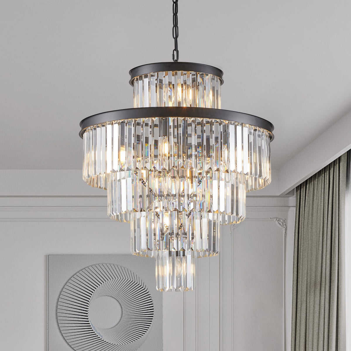24" Luxury Crystal Chandelier - Black Finish, 15 Lights