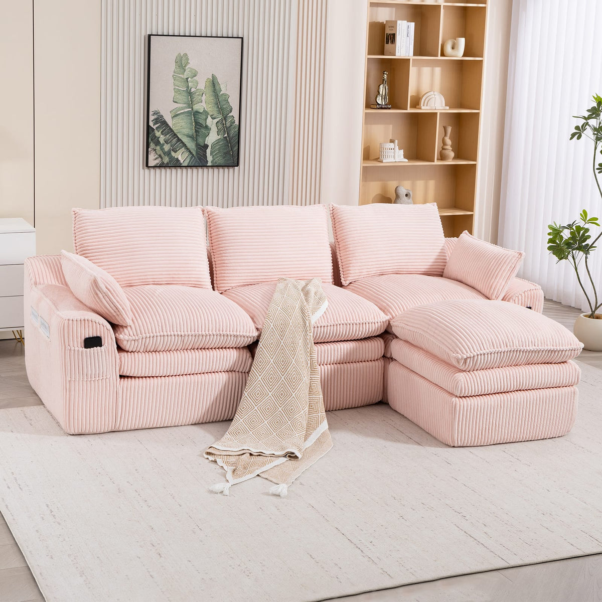 Pink Corduroy 3-Seat Sectional Sofa - Plush Comfort for Living Room