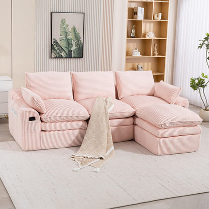 Pink Corduroy 3-Seat Sectional Sofa - Plush Comfort for Living Room