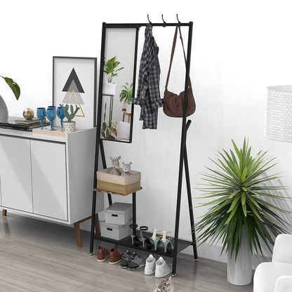 Black Brown Metal Coat Rack with Mirror - 73" Hall Tree