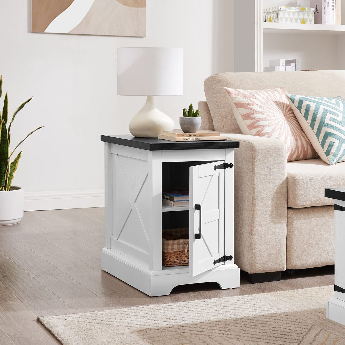 White+Black Farmhouse End Table - Nightstand with Storage