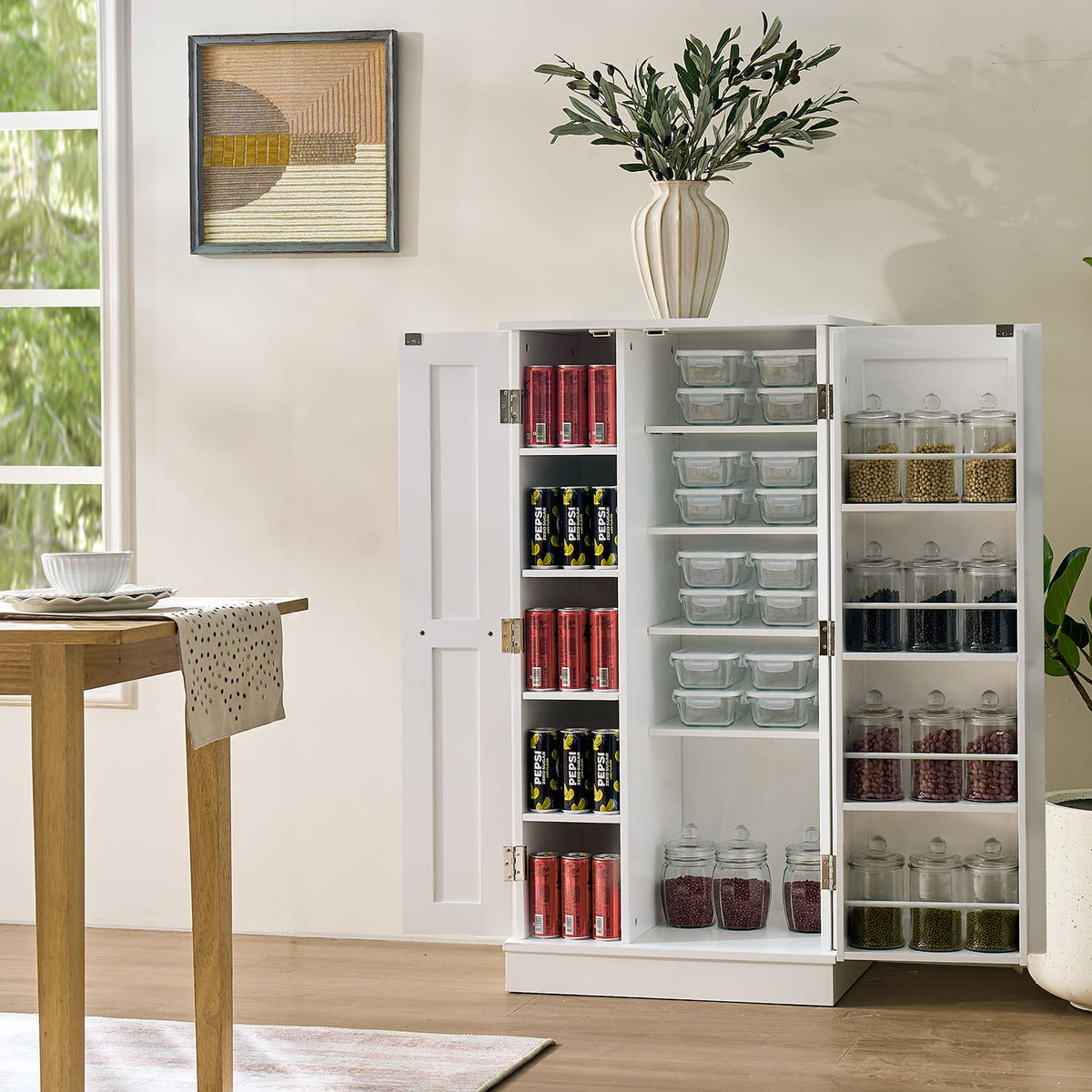 Kitchen Pantry Cabinet with Doors - White MDF, Adjustable Shelves