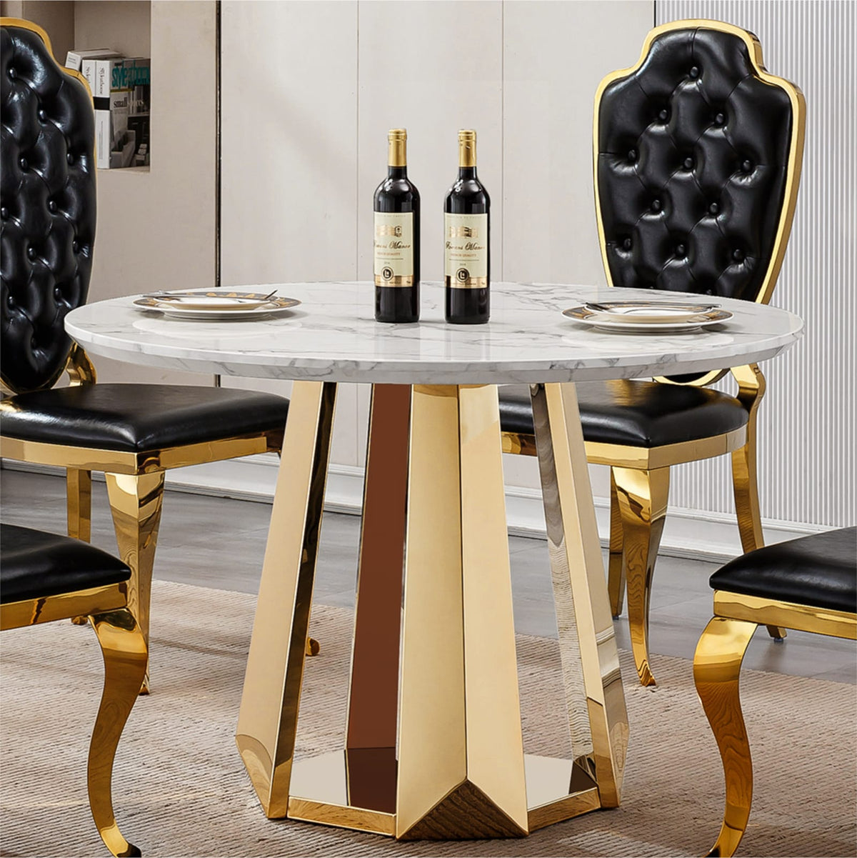 47 Inch Round Marble Dining Table - Gold White