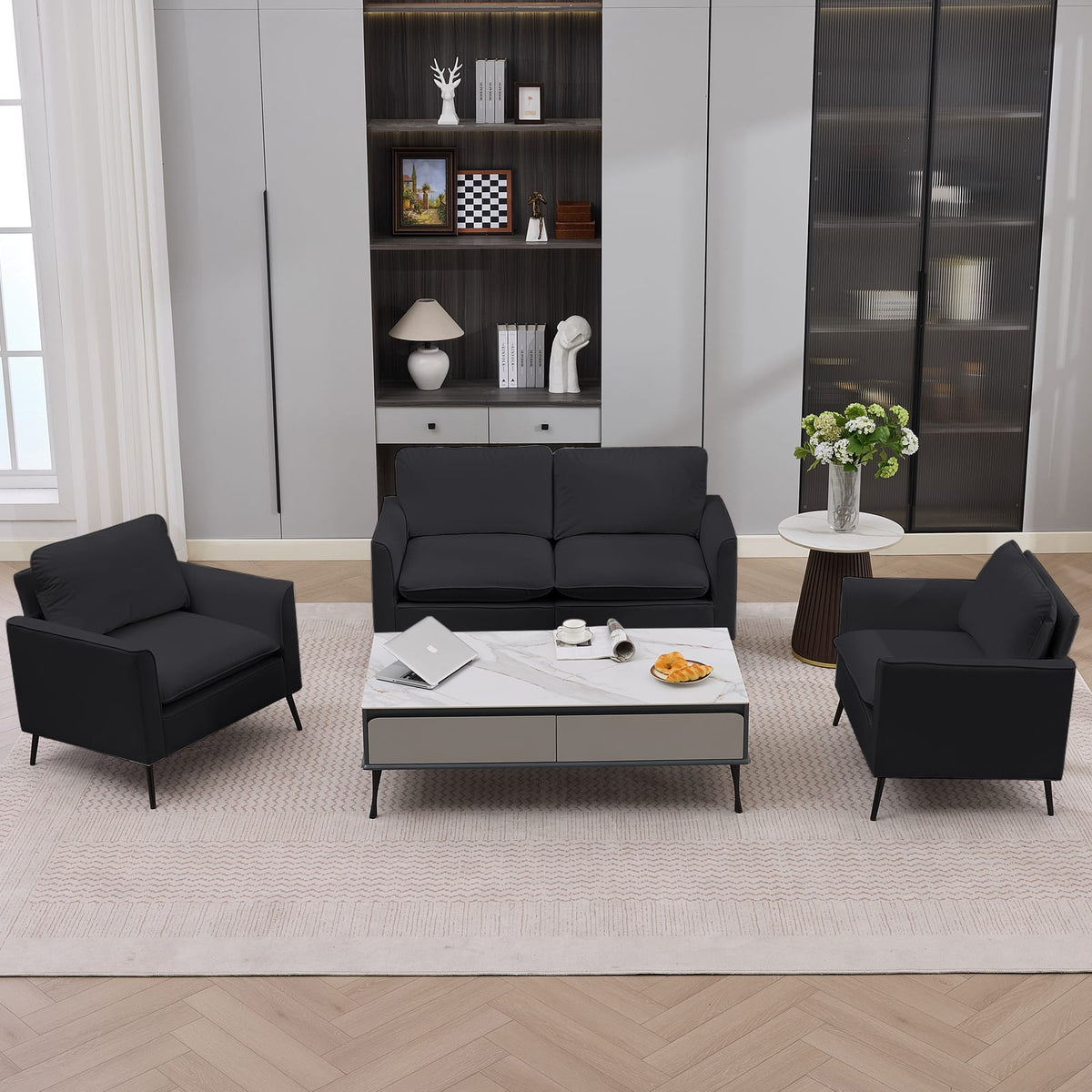 Black Faux Leather Loveseat - Bedroom Sofa Chair for Living Room