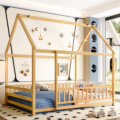 Full Size Wooden Bed with House Roof Frame - Natural for Bedroom