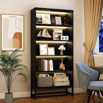 Black Tall Bookcase with LED Lights - 5 Tier Storage Shelf