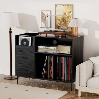 Black MDF Media Console with Storage for Record Player and Cables for Living Room