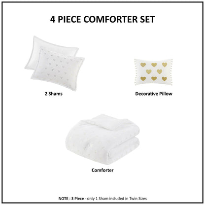 Full/Queen Plush White Comforter Set with Heart Motif