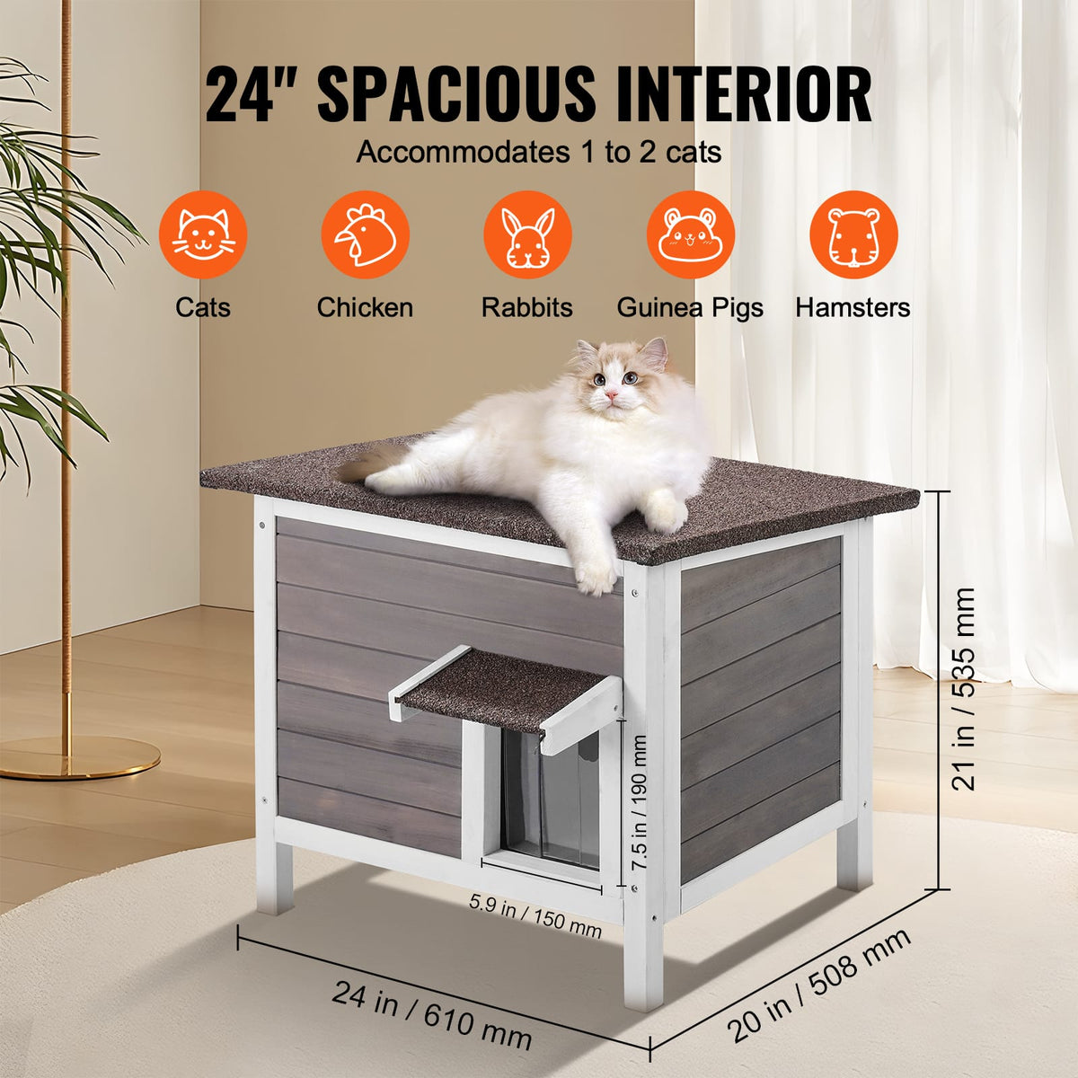 Outdoor Wooden Cat House - Feral Shelter with Roof & Flap