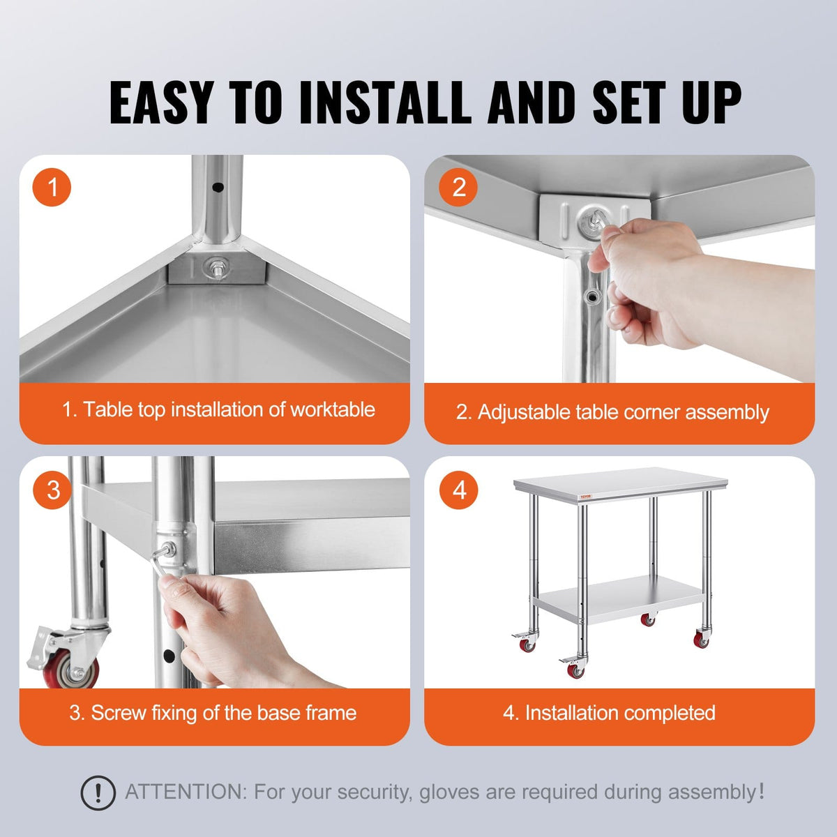 36 Inch Stainless Steel Work Table - 4 Wheels Commercial Prep Table