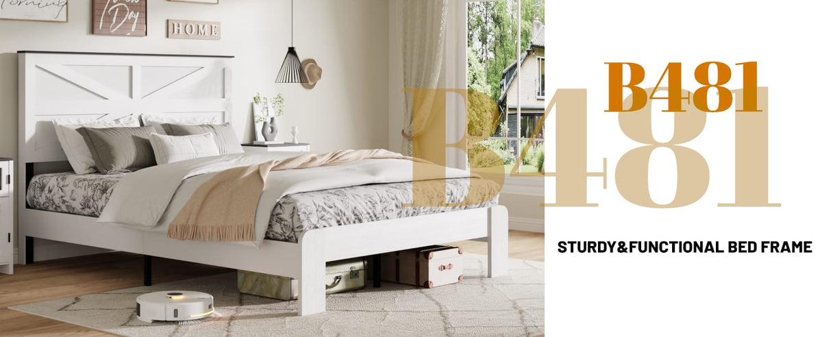 Queen Bed Frame Headboard - White Metal & Wood for Bedroom