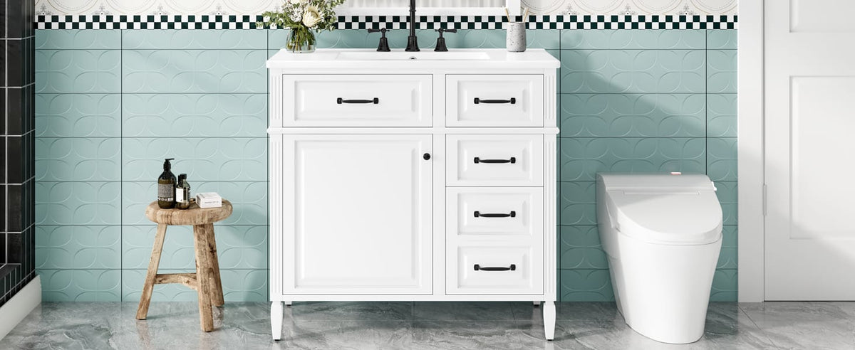 36 Inch White Solid Wood Vanity for Bathroom Renovation with Smart Storage