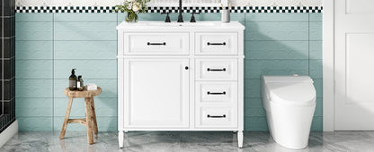 36 Inch White Solid Wood Vanity for Bathroom Renovation with Smart Storage