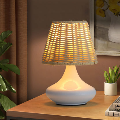 White Woven Bamboo Table Lamp - Dimmable LED Desk Night Light