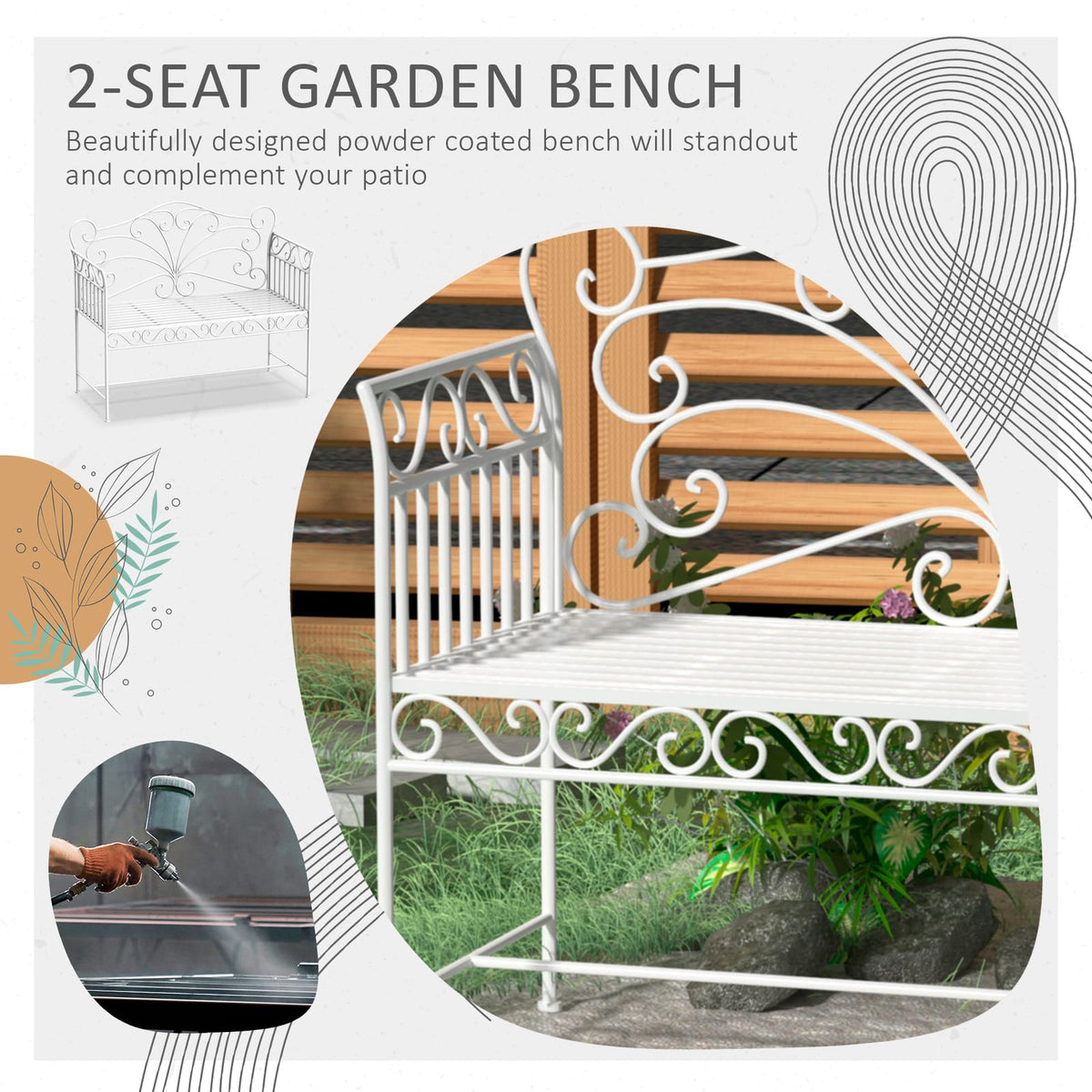 White Iron Patio Bench - Outdoor Garden Bench