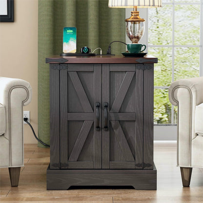 Rustic Grey End Table with Charging Station, Walnut Top, Storage for Living Room