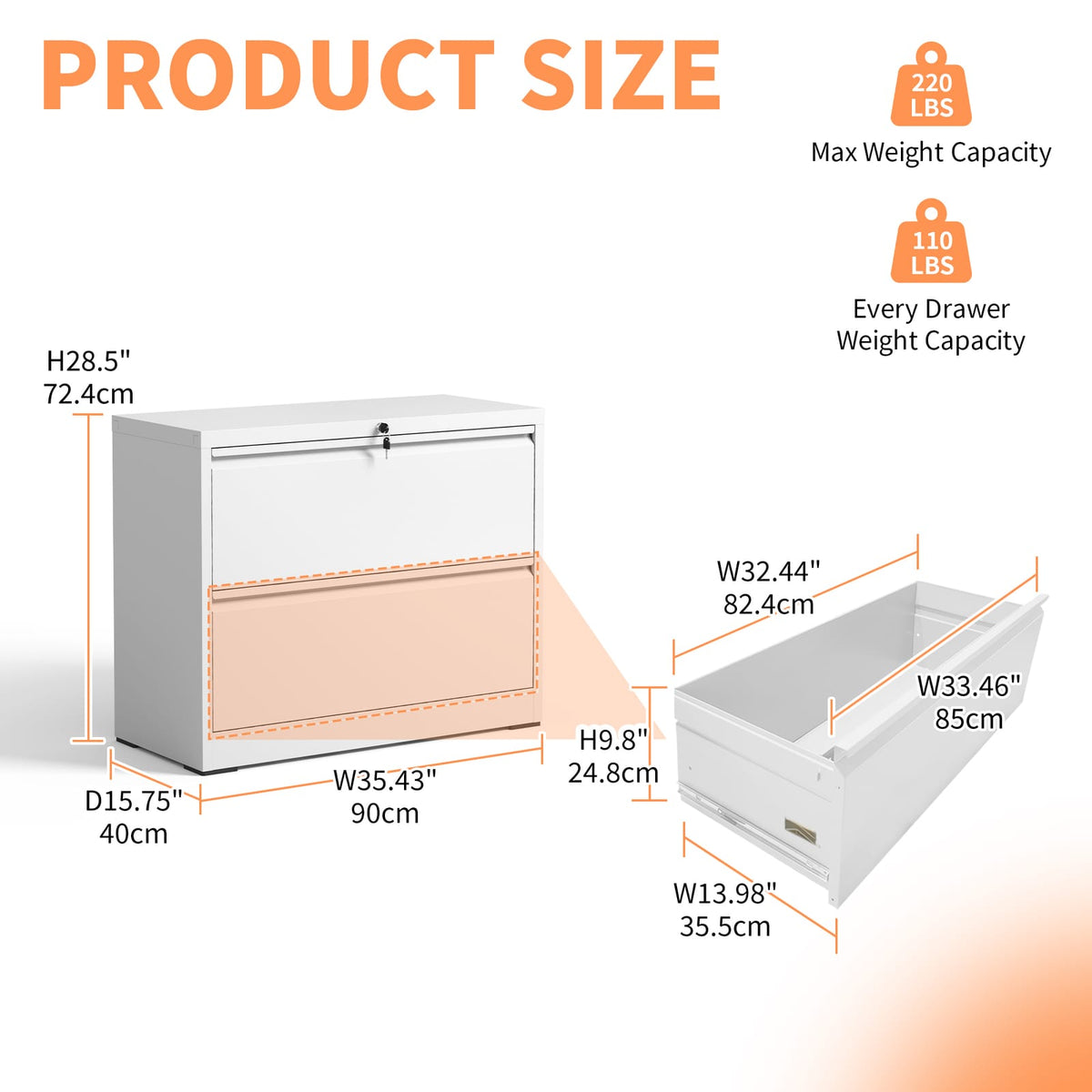 White Filing Cabinet 2 Drawers - Office Storage Cabinet