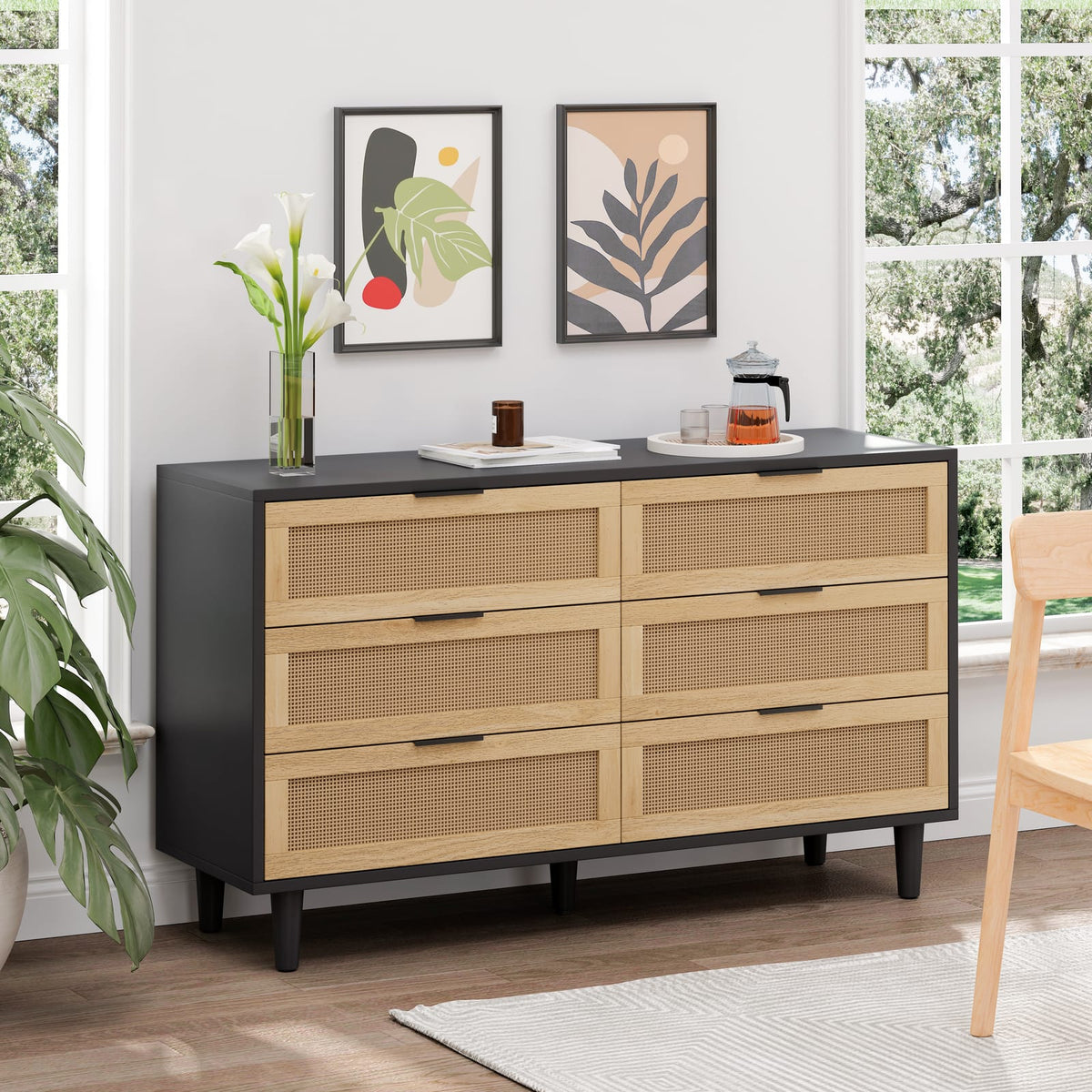 Black 6-Drawer Rattan Storage Cabinet - Bedroom Furniture