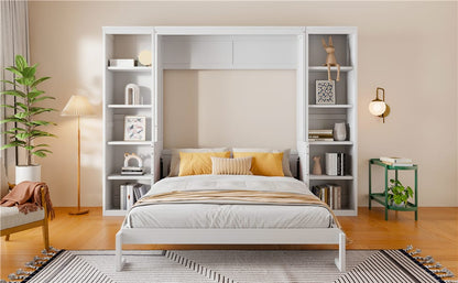 Queen Size Murphy Bed with Desk & Bookshelf - White for Bedroom